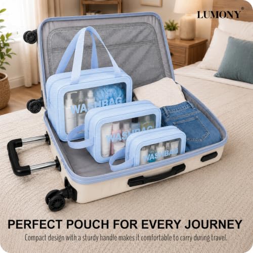 Image of LUMONY Makeup Pouch Bag PVC Travel Toiletries Organizer Cosmetic Bags Wash Bag Pouch for Travel Kit Toiletry Bag Portable Organizer Case Carry Pouch for Women Bathroom Set of 3 (Blue-Colors)