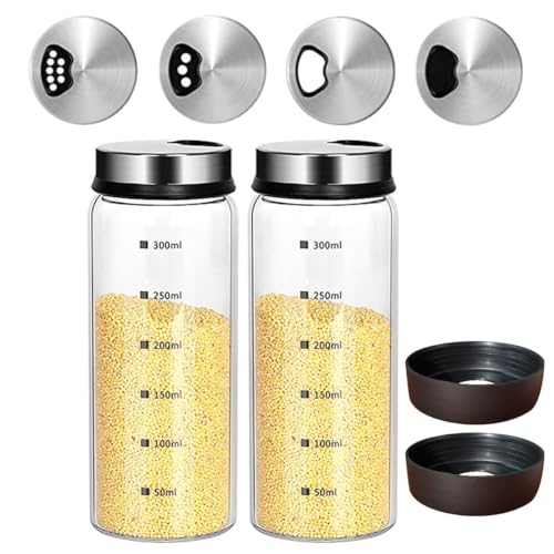 10 oz Glass Salt and Pepper Shaker Set with 304 Stainless Lid Adjustable Pour Holes Spice Jars Dispenser Seasoning Cans for Kitchen Decor and Home Restaurant Kitchen Accessories (2 Pcs, 300 ML)
