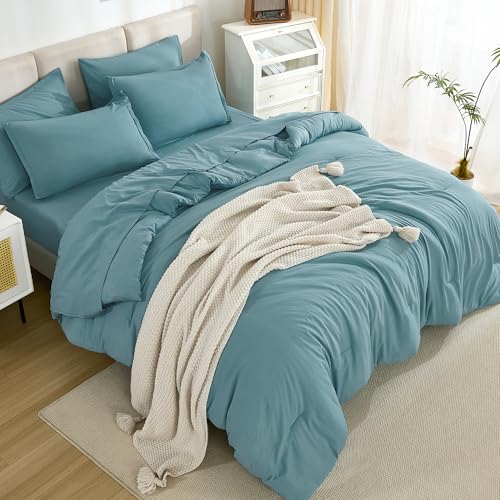 Litanika King Size Comforter Set Grayish Teal - 7 Pieces Bed in a Bag King Bedding Comforter Sets, Solid Lightweight Bed Set with Comforter, Sheets, Pillowcases & Shams