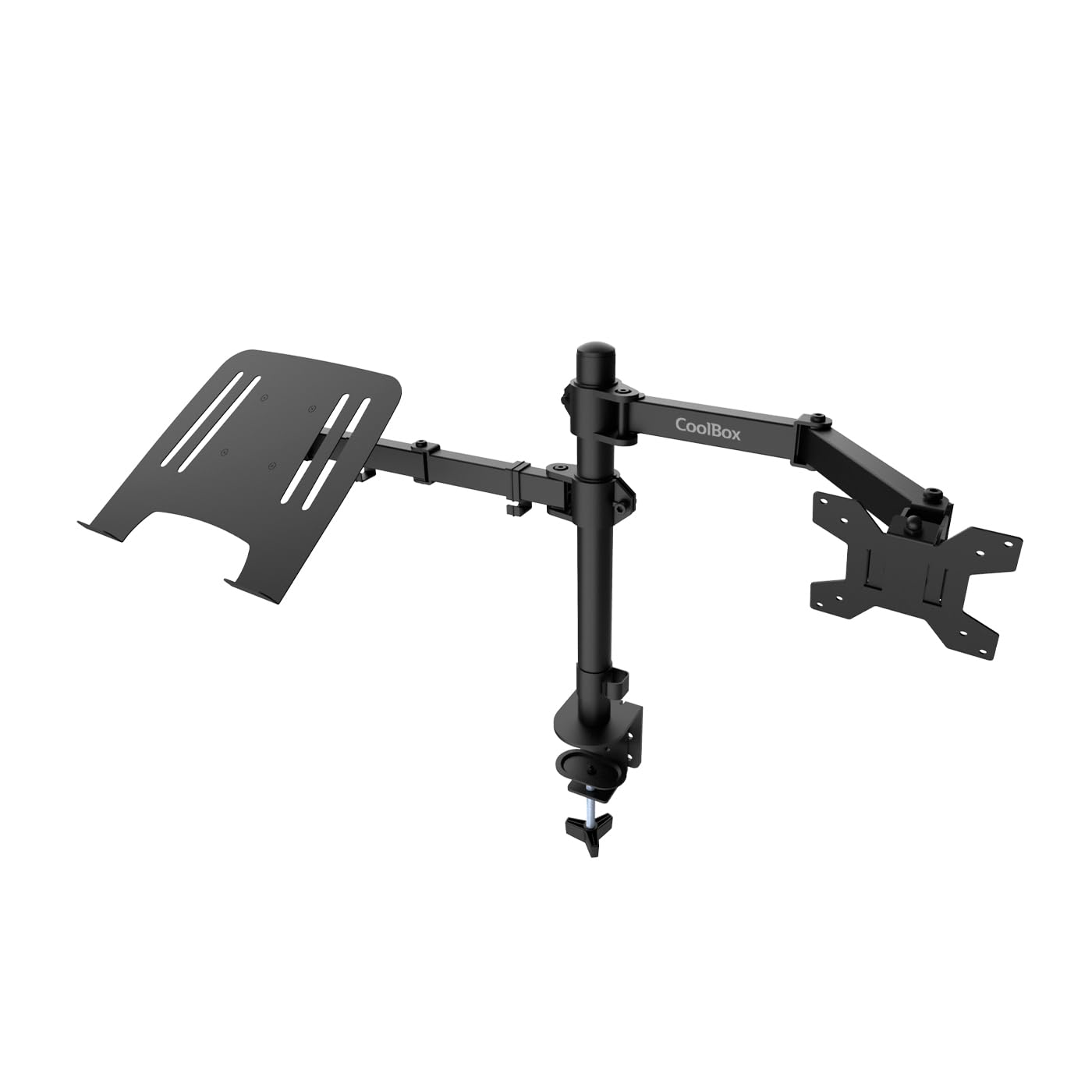 CoolBox MP01 - Soporte Monitor y Portátil, Pantalla hasta 8 kg y 32", Portátiles hasta 17", VESA 75x75 y 100x100, Altura, Inclinación y Giro Ajustables, Bandeja Inclinable. Negro