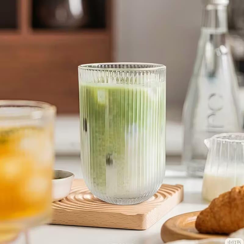 Image of PrimeWorld U-Shaped Ribbed Glass Cups - Stackable Elegant Ripple Vintage Drinking Glassware, 450ml - Set of 6 | Ideal for Iced Coffee, Cocktail, Whiskey, Juice, Beer & Gifts