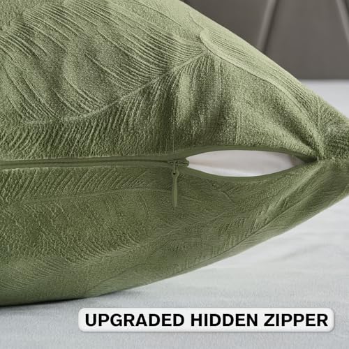 Image of FUTEI Pack of 2 Velvet Throw Pillow Covers 18x18 Inch Soft Embossed Leaf-Relief Textured Decorative Cushion Cases Modern Natural Farmhouse Accent for Couch Bed Living Room, Sage Green