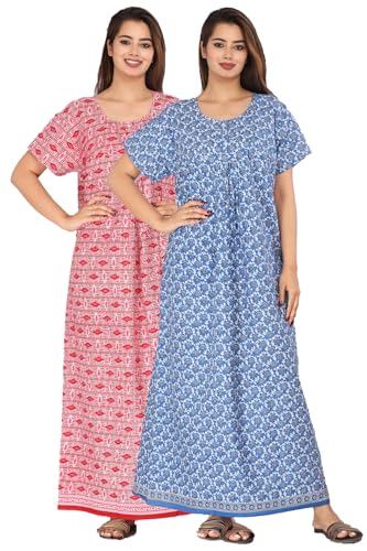 Image of Kuruti B Sheets Cotton Nighty for Women Jaipuri Print 2 Button Round Neck Short Sleeve Night Gown | Maxi Dress