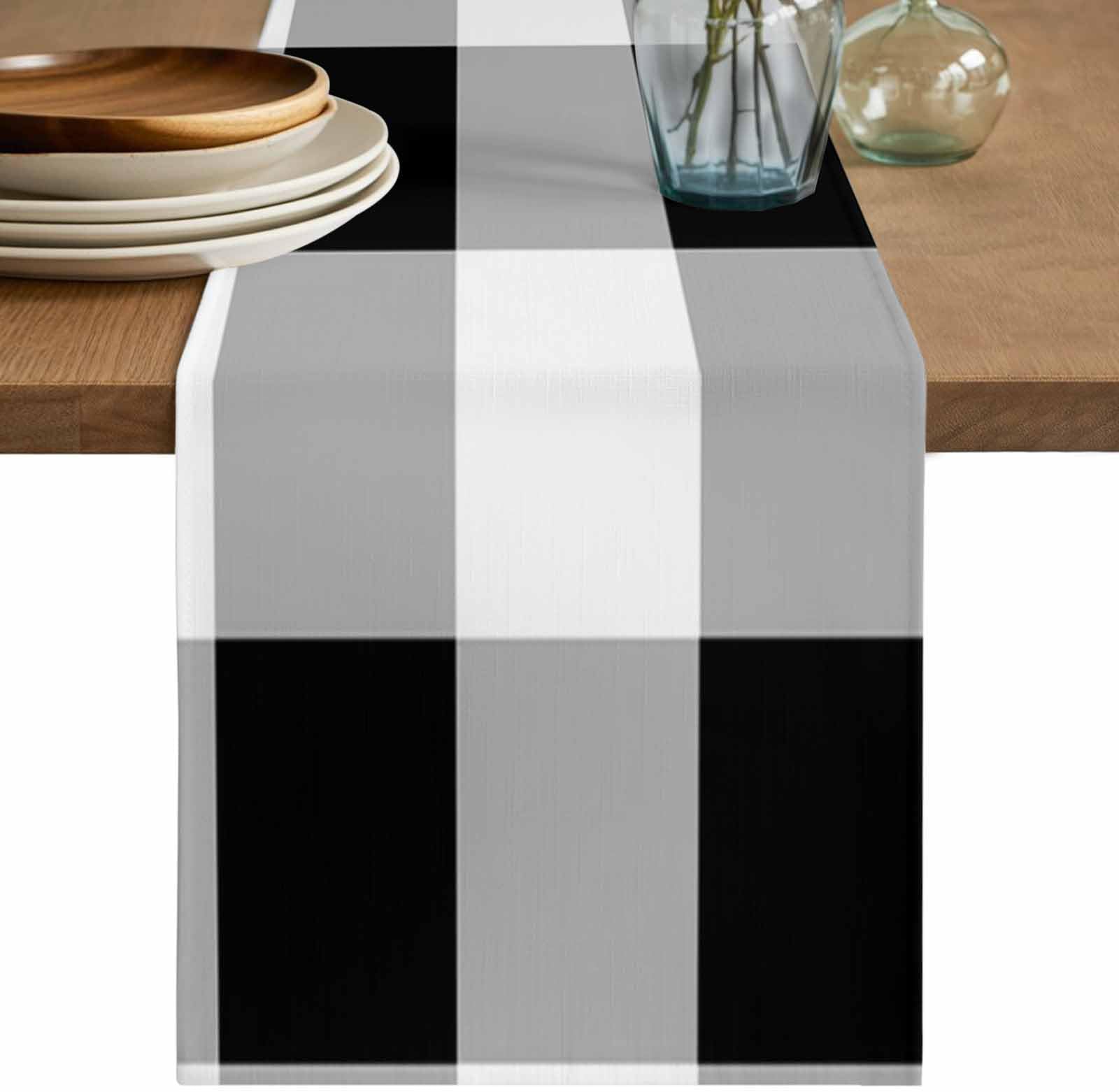 Classic Farmhouse Black White Buffalo Plaid Table Runner 36 Inches Long Geometric Lattice Linen Table Runner for Home Party Holiday Kitchen Dining Tables Decoration