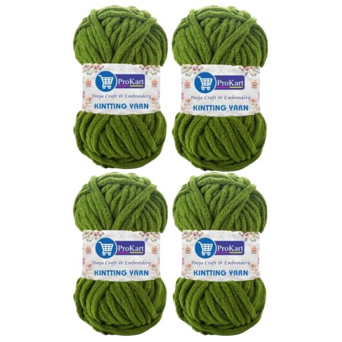 Image of ProKart Premium Blankie Wool, Plush & Cuddly, Chenille Yarn Supersoft Hand Knitting Wool Ball | Blanket Thick /Mottu Yarn Ball Suitable for Hand Knitting and Crocheting for Baby, Adult, Sweaters, caps, Throws, Home Furnishing, Scarves, Blankets (Mehndi Green, 100gms x 4 Pack)
