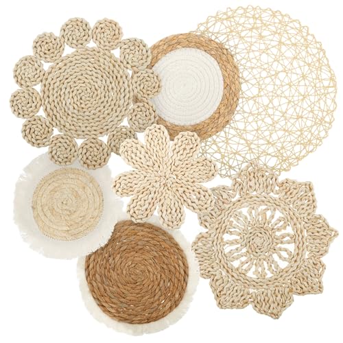 KEGAJEGA 7 Stück Boho Wandkorb Set natürlich Handstricken Boho Wanddeko Rund Rattan 20-38cm Rattan Dekor Set Aufhängbar für Dekorative Wanddekorationen und Snacks Getränke Tabletts