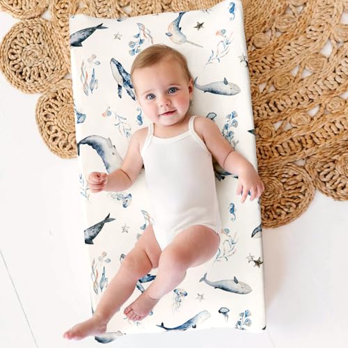 Image of GRSSDER Stretch Ultra Soft Jersey Knit Changing Pad Cover Set 2 Pack, Change Table Pad Covers Fit 32 inch /34 inch x 16 inch Pads Safe and Snug, Sea Fish Print for Girls and Boys