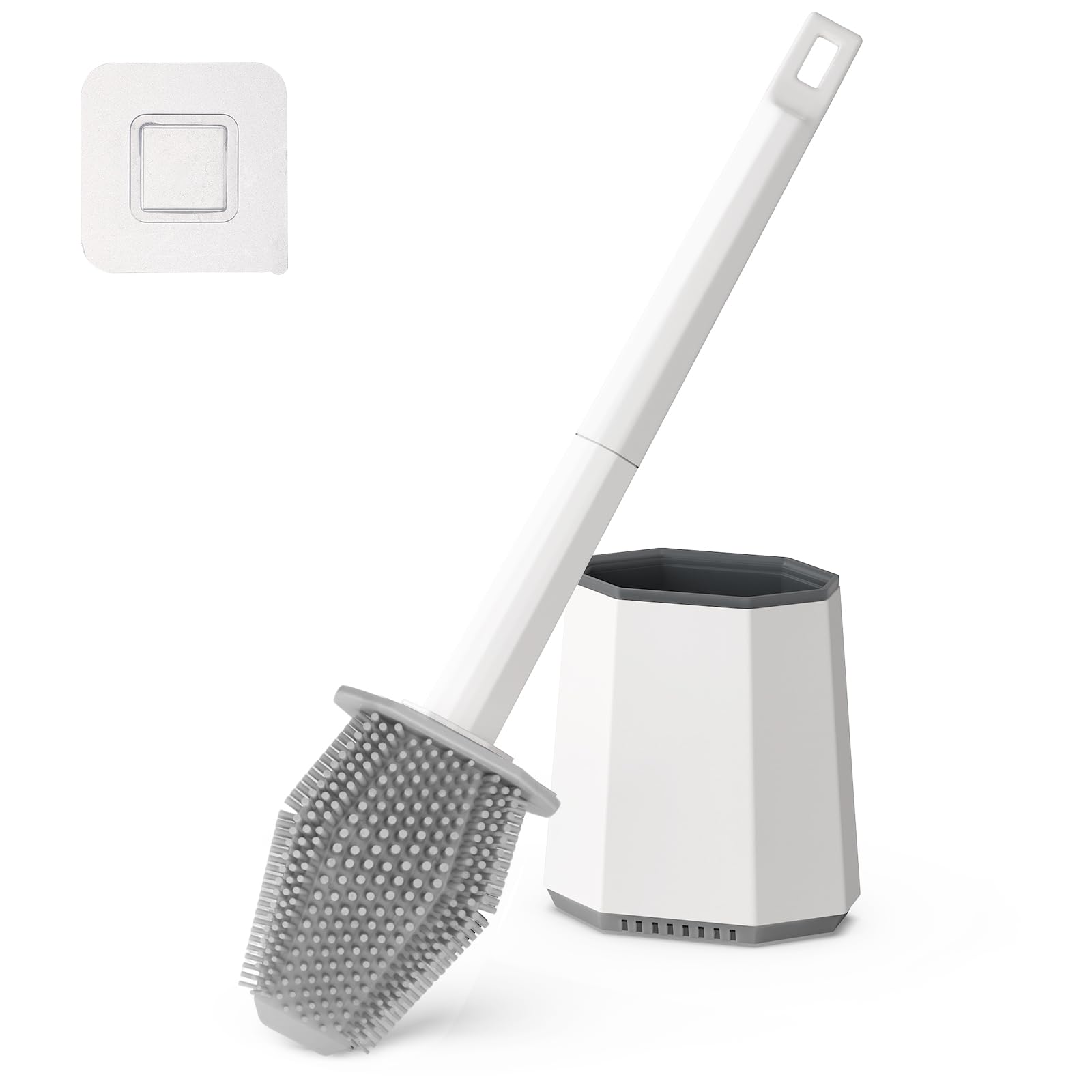 Euqvunn Silicone Toilet Brush & Holders, Toilet Cleaner Brush Set Wall Mounted, Deep Cleaner Loo Brush with Dual-sided Head and Long Plastic Handle, Quick Drying Anti-drip Bathroom Accessories (White)