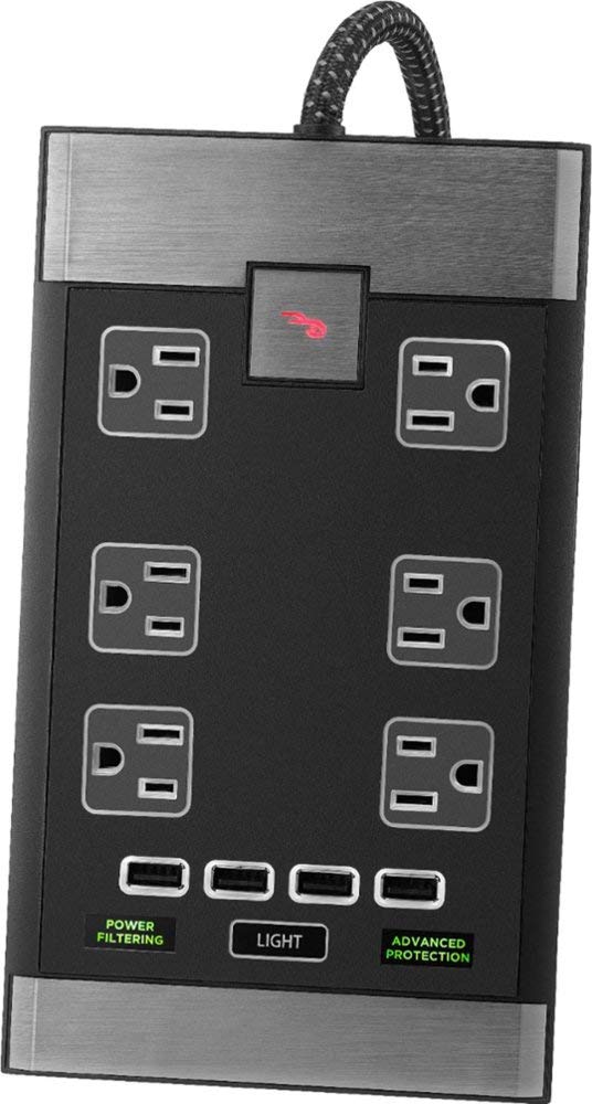 Rocketfish Premium 6-Outlet Power Center - Power Strip with USB Ports & Surge Protection - Multi-Outlet Flat Power Strip with Noise Filter & Low-Profile Design - Universal Compatibility Power Strip