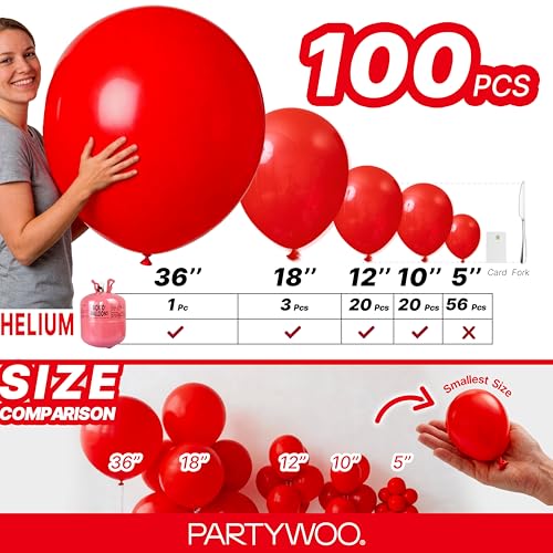 Image of PartyWoo Red Balloons, 100 pcs Matte Balloons Different Sizes Pack of 36 Inch 18 Inch 12 Inch 10 Inch 5 Inch Latex Balloons for Balloon Garland or Balloon Arch as Party Decorations, Red-Y57