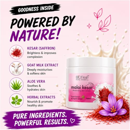 Image of BIOFRESH HERBALS Body Cream - Malai Kesar Deep Intense Moisturizing Cream Non-Greasy with 24-Hour Hydrating for Soft Dry Skin (800ml, Pack of 1)