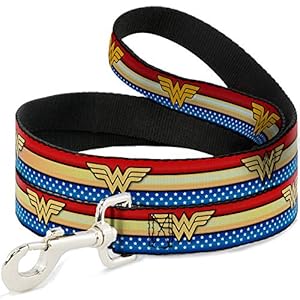 Buckle-Down-Dog-Leash-Wonder-Woman-Logo-Stripe-Stars-Red-Gold-Blue-White-4-Feet-Long-05-Inch-Wide 6 Feet Long Dog Leash