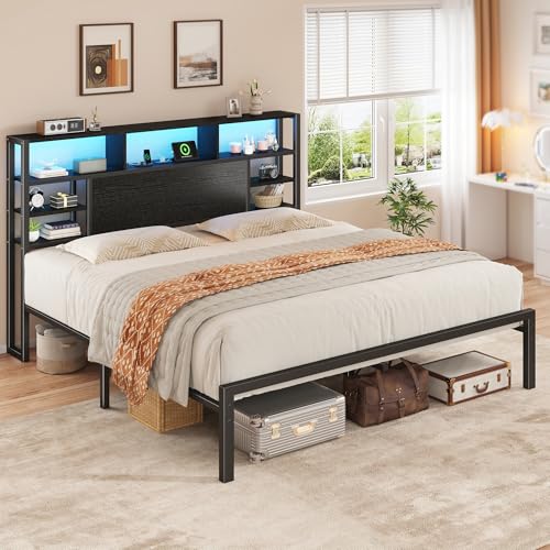 Homkdom King Bed Frame with Storage Headboard and Charging StationBlack
