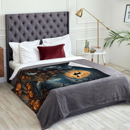 Couverture maison hantée Halloween en peluche orange pour canapé et lit de 152 x 203 cm