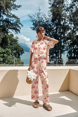 Image of Ekouaer Womens Satin Silky Pajama Set Short Sleeve Shirt with Long Pajama Pant Set Soft PJ Loungewear