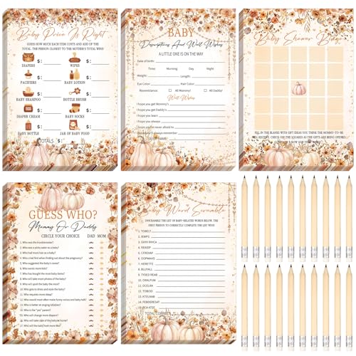 Meooeck 145 Pieces Baby Shower 5 Game Set Baby Shower Games for Party Include Descriptions Wishes Guessing Who Bingo Games(Wildflower Fall Little Pumpkin)