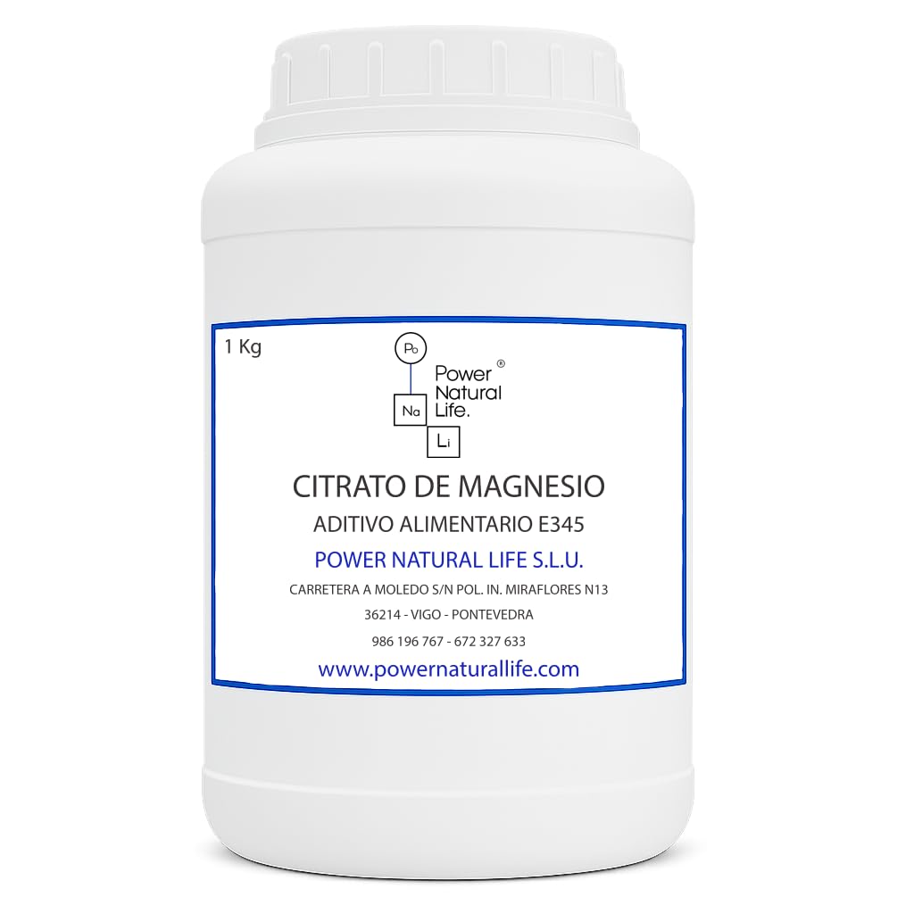 Citrato de Magnesio en Polvo | Power Natural Life | Bote 1 kg | Aditivo Alimentario E345 | Uso Alimentario, Técnico e Industrial | Regulador de Acidez y Fuente de Magnesio