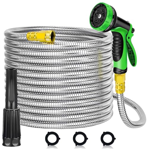 Steel Garden Hose (100FT/30 Meters) Heavy Duty WaterHose Kink Free Yard Hose Pipe with 2 Nozzles Durable 3/4 Brass Fittings Sturdy and Lightweight Rust Proof for Lawn Outdoor RV