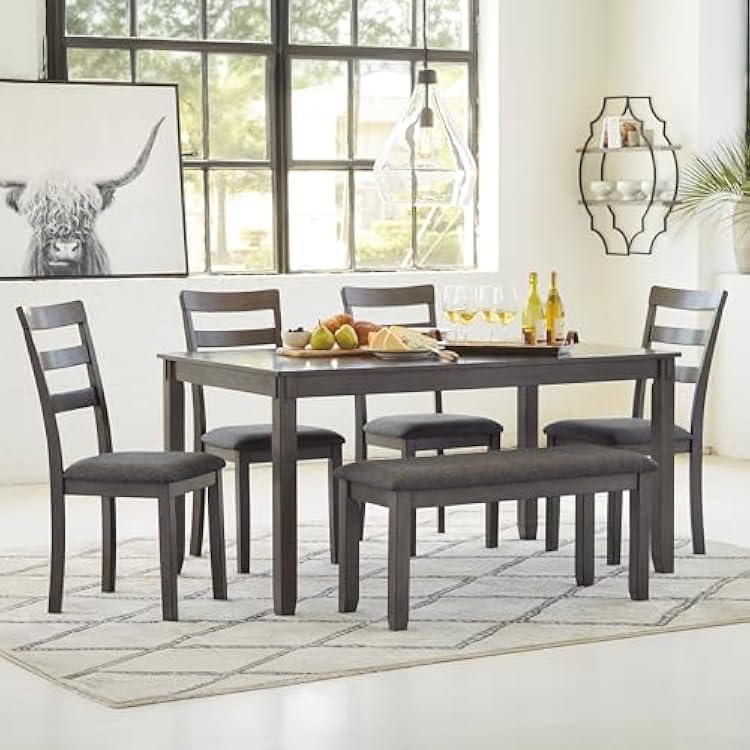 Signature Design by Ashley Bridson Dining Table Set For 6 With Bench, Wood 6Piece Kitchen Table And Chairs With Upholstered Seats, Transitional Charcoal Gray Dining Room Collection For Family Meals