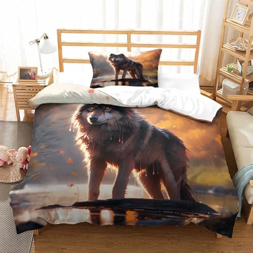 Housse de couette 3D loup parure de lit zippée anti-glisse - 3