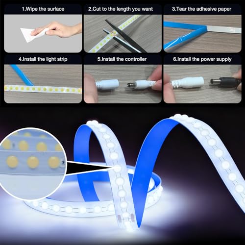 Image of phopollo White LED Strip Lights, 18ft Dimmable 6500k Daylight White Led Light Strip, 840 LEDs Flexible Led Lights for Bedroom, Mirror, Kitchen Decoration