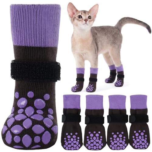 Image of ROZKITCH 2 Pairs Cat Sock for Injured Paws, Breathable Socks for Cats Stop Scratching Pet Paw Protectors for Injured Paws Protective Anti-Slip Grip Socks Foot Protector Kitten Purple 2XS