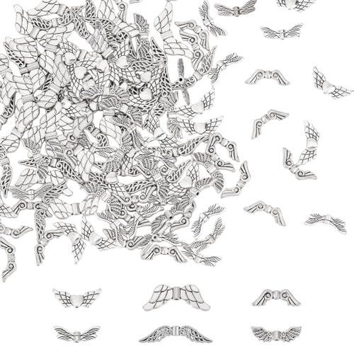 CRAFTYMELODY 180Pcs 6 Styles Metal Angel Wing Beads Antique Silver