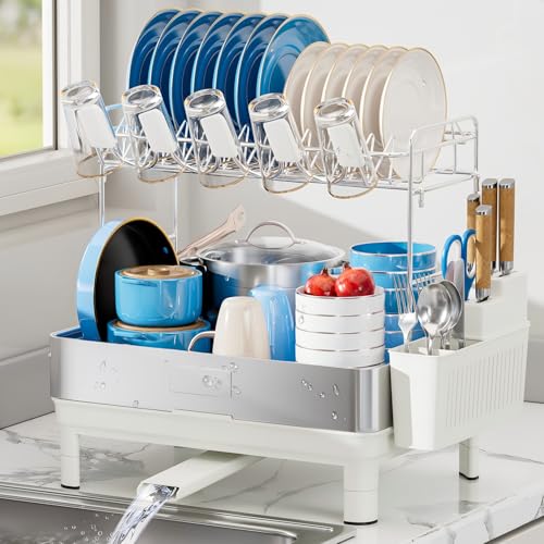 Image of Ewaiira Dish Drying Rack, 2 Tier Large Dish Rack, Stainless Steel Dish Drainer for Kitchen Counter, Dishes Rack with Automatic Drainage, Utensil Holder&Cups Holder,Space Saving Kitchen Organizer,White