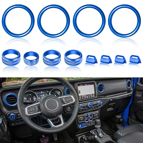 SENSHINE AC Knob Cover Vent Outlet Trim Ring for Jeep Wrangler JL JLU Accessories 2018-2023 Gladiator JT 2020-2023 Window Switch Button Cover Volume Radio Headlight Switch Knob Covers, 12 Pcs (Blue)