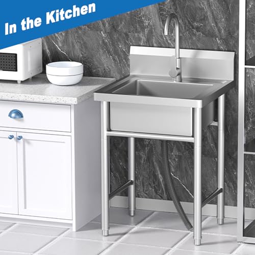 Image of 20 inch Free Standing Stainless-Steel Single Bowl Commercial Restaurant Kitchen Sink Set w /Hot and Cold Faucet, for Kitchen and Bathroom Farmhouse Style
