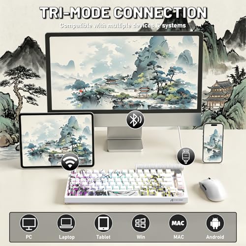 Image of ATTACK SHARK X820Ultra Wireless Mechanical Gaming Keyboard with Coiled Cable Side Print PBT Keycap 2.4Ghz /BT /Wired Hot Swappable RGB CNC Knob Gasket Mount QMK Web Driver Gift Switch-White bamboo
