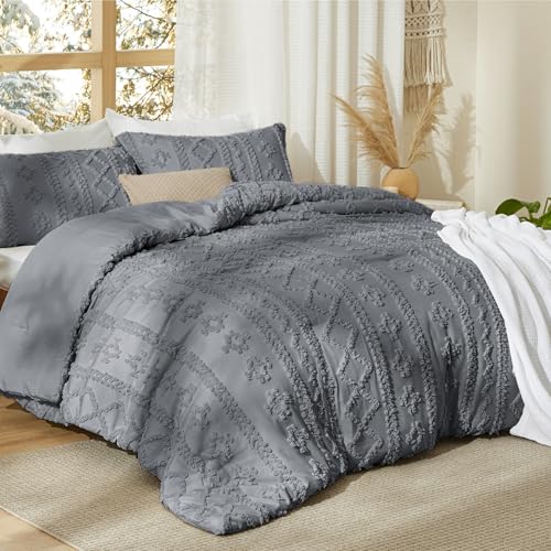 Image of Bedsure Tufted Boho Comforter Set King Size - Grey Boho Bed Set, GentleSoft 3 Pieces Farmhouse-Style Embroidery Bedding, Gifts for Woman, Soft Jacquard Kids' King Comforter for All Seasons