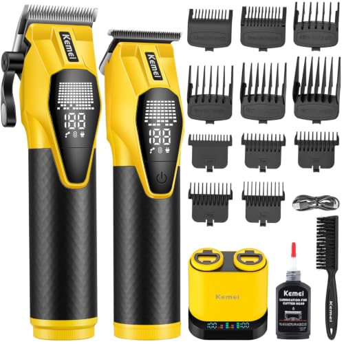 Image of KEMEI 8561 Professional Cordless Hair Clipper and Trimmer Barber Kit | 7300 RPM motors; 160 /250-minute runtimes; dual 2500mAh batteries; LED displays; 6 clipper combs; 5 trimmer guards