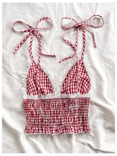 WDIRARA Women's Gingham Cami Crop Tops Plaid Contrast Lace V Neck Camisole Tops2