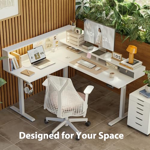 Image of Agilestic L-Shaped Electric Standing Desk, 63x55 Inch Ergonomic Adjustable Height Desk with Storage, Stand Up Corner Desk Sit Stand Computer Table Power Outlet & LED Lights, Office Table, White