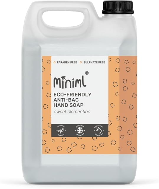 Miniml Antibacterial Hand Wash Soap 5L Refill - Natural Clementine Scented Eco Hand and Body Washing Liquid Gel for Soft and Sensitive Friendly Skin Care - 100% Vegan & Cruelty Free