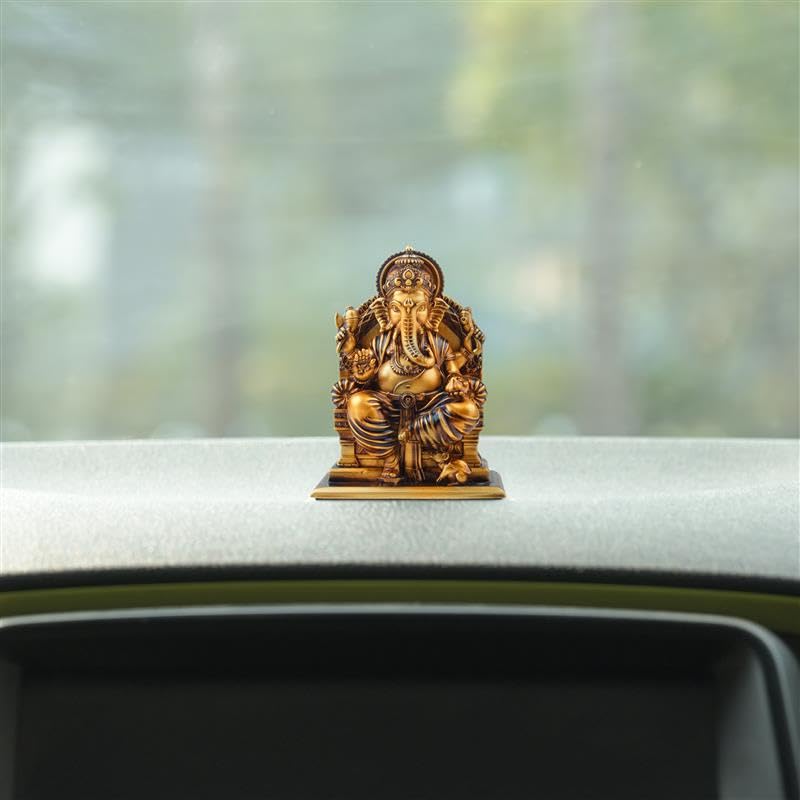 Image of Serene Blessings Lalitasana Ganesh Idol Antique Gold Finish Resin Ganpati Murti for Home Pooja Room Office and Car Dashboard God Idol Vastu Decor Spiritual Gift 2.5 Inch