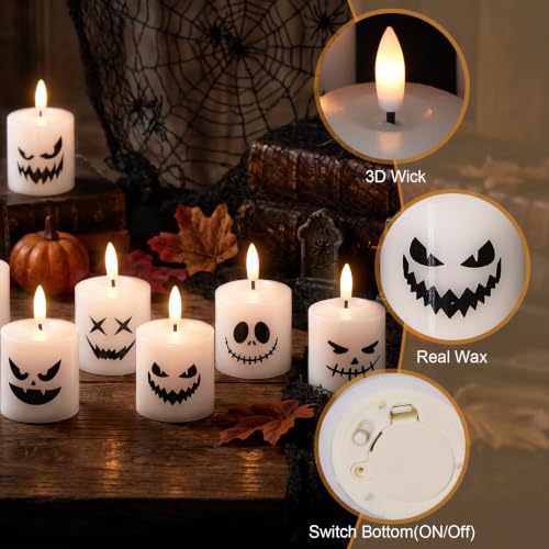 Image of Halloween Flameless Votive Real Wax Candles Battery Operated with Remote | White, 3D Wick Flickering, 2 /4 /6 /8H Timer, LED Light, Halloween Home Decor & Gift, 2 inch x 3.4 inch, 6 pack