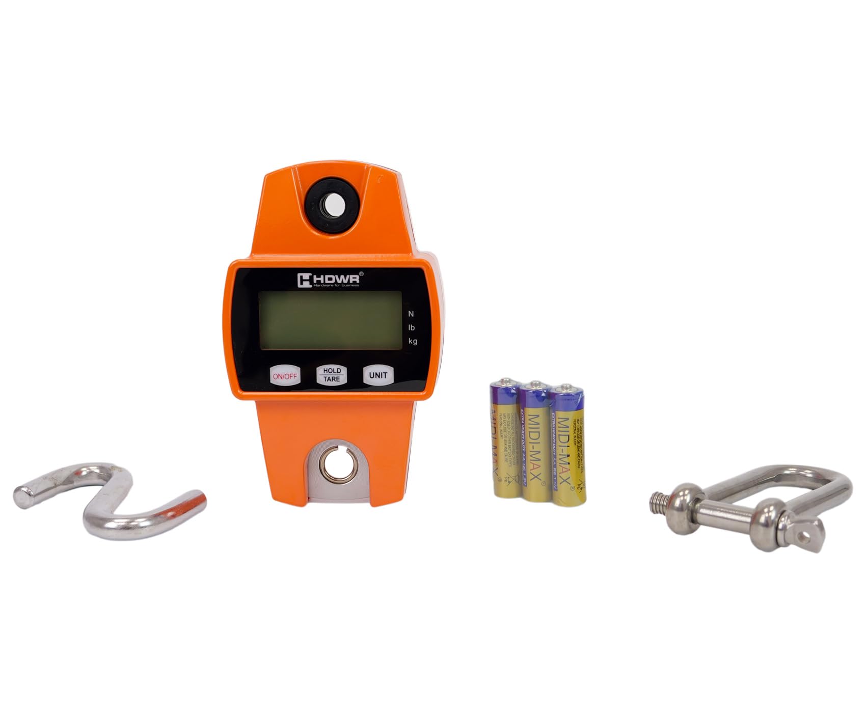 HDWR wagPRO-H300 Hakenwaage 300 kg, Hängewaage mit Tara, digital | Genauigkeit 50 g, Tara, 3x AA-Batterien, bis 150 Stunden Betrieb, Digitalanzeige