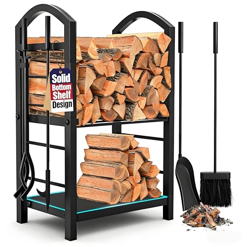 AMAGABELI GARDEN & HOME Firewood Rack Indoor with Tools 5-Piece Fireplace Tools Set Wood Holder Outdoor Wrought Iron Log Holder Firewood Storage Rack for Fireplace,Fire Pit,Wood Stove Black