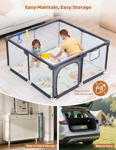 Image of Dripex Baby Playpen with Mat, 47 inchx47 inch Small Play Pen for Babies, Grey | Included Waterproof Mat / Pull up Rings, Breathable Visible Mesh, Anti-Fall Design, Easy Setup, Indoor /Outdoor Use