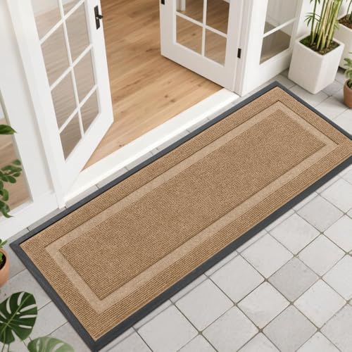 OLANLY Front Door Mat Indoor Outdoor Entrance, Waterproof All-Season, All-Weather Doormat, Sturdy Natural Rubber, Fade Resistant, Low Profile, Easy Clean Patio Porch Entryway Mat, 47x17, Light Brown