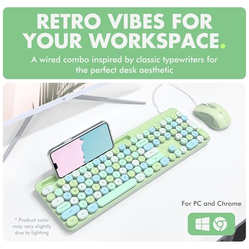 X9 Wired Keyboard and Mouse Combo - Cute Backlit Keyboard with Round Keycaps, 109 Silent Keys Fullsize with Phone/Tablet Dock, Aesthetic and Pastel Colorful Keyboard for Laptop, PC, Chrome - Green