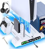 OIVO PS5/PS5 Slim/PS5 Pro Ständer mit 3 stufig Lüfter und Licht, PS5 Standfuß mit 4 USB Ports/Controller Ladestation/Headset Halter/Remote Steckplatz/14 Spiele Aufbewahrung für PS5 Zubehör – Ansicht 1