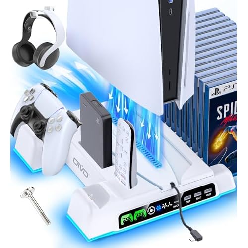 PS5 Stand and Cooling Station with RGB LED Controller Charging Station for Playstation 5 Console, 2H Fast PS5 Controller Charger, PS5 Accessories with 3 Levels Cooling Fan, Headset Holder, 3 USB Hub