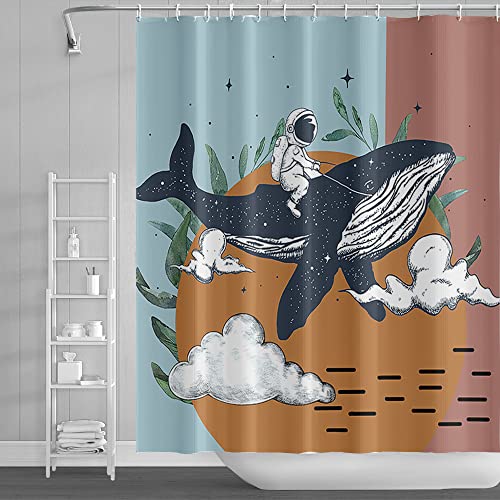 SDOTPMT 180x180cm Rideau de Douche Astronaute Baleine - Dessin Animé Mignon Mer Animal - Abstrait Cercle Carré pour Baignoire - Étanche pour Salle de Bain...