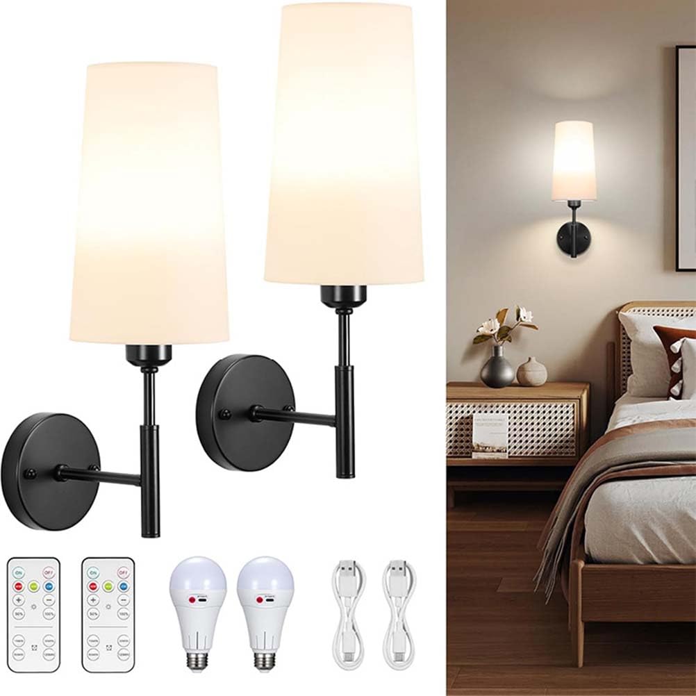 Applique da Interno Ricaricabile, Lampada Industriale Vintage Senza connessione di Corrente E27, dimmerabile con Telecomando USB, Applique per Camera da Letto, 2 Pezzi, Nera