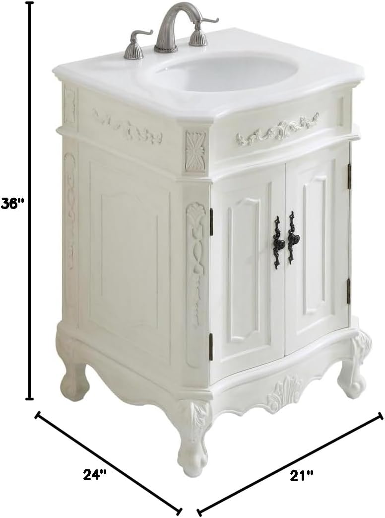 24 Single Bathroom Vanity, with Engineered Marble Top Soft-Close, Antique White