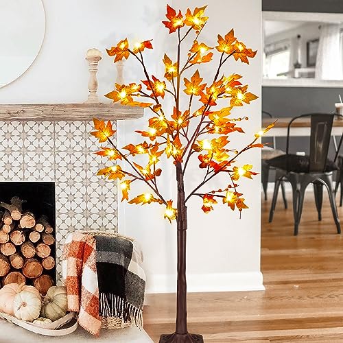 FORUP LED Lighted Maple Tree, 4 FT Lighted Artificial Tree for Thanksgiving Harvest Fall Festival...