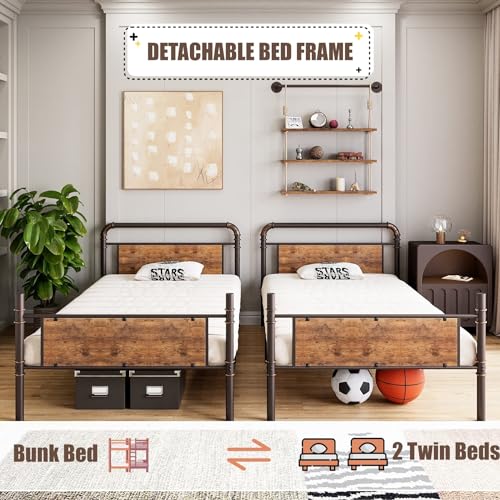 GarveeHome Metal Bunk Bed Twin Over Twin for Kids, Heavy Duty Twin Size Convertible Bunk Bed with Guardrail & Ladders, Noise Free, No Box Spring Needed, Vintage Brown